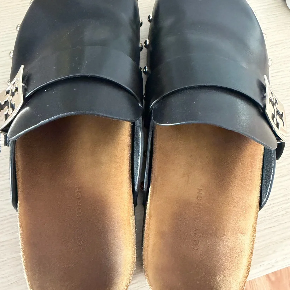 Tory Burch Black Leather Studded Mule Clogs with Silver Logo Accent - Picture 8 of 9